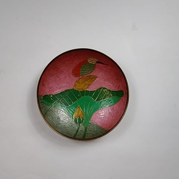 VTG,Cloisonne Brass Metal Enamel Hand Painted Hummingbird Flower Covered Bowl - Picture 2 of 15